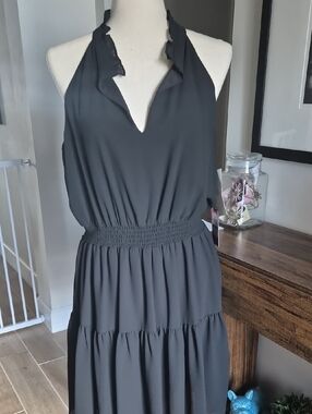 Vince Camuto Black Halter Smocked Waist Tiered Maxi Dress